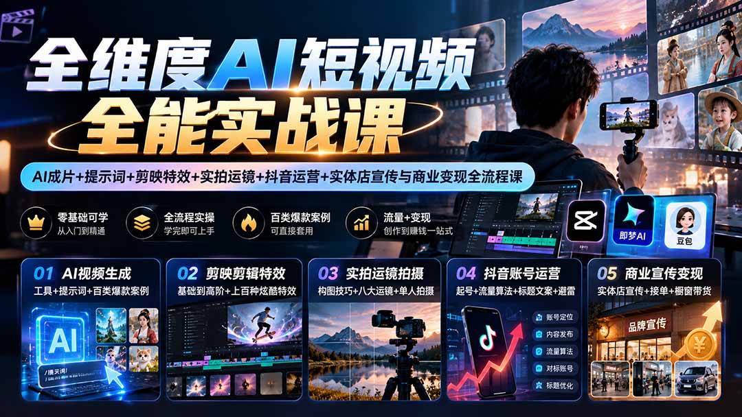 AI短视频全能实战课：AI成片+剪映特效+抖音运营与实体店变现全流程