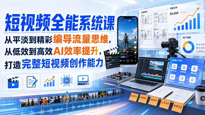 短视频全能系统课,从平淡到精彩编导流量思维,从低效到高效AI效率提升,打造完整短视频创作能力(完整版) 短视频全能系统课,从平淡到精彩编导流量思维,从低效到高效AI效率提升,打造完整短视频创作能力(完整版)