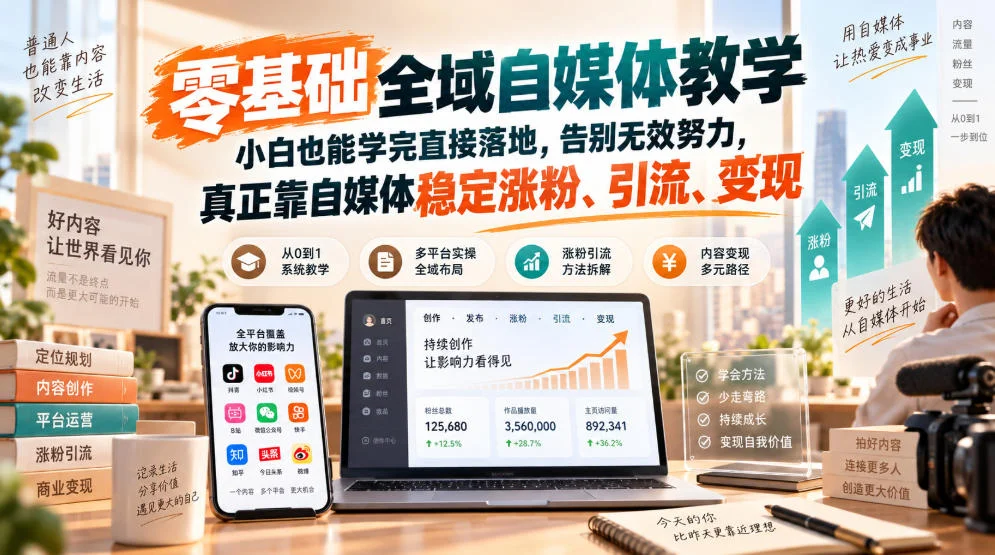 零基础全域自媒体教学，小白也能学完直接落地，告别无效努力，真正靠自媒体稳定涨粉、引流、变现-小栈博客