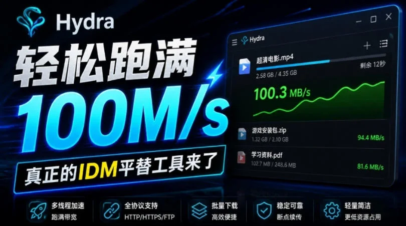轻松跑满100M/s，真正的IDM平替工具来了，开源多线程器，支持浏览器拓展，一键智能加速Hydra Download Manager-小栈博客
