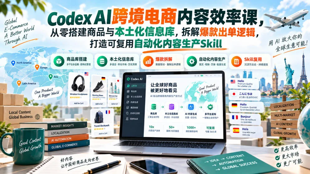 Codex AI跨境电商内容效率课,从零搭建商品与本土化信息库,拆解爆款出单逻辑,打造可复用自动化内容生产Skill Codex AI跨境电商内容效率课,从零搭建商品与本土化信息库,拆解爆款出单逻辑,打造可复用自动化内容生产Skill