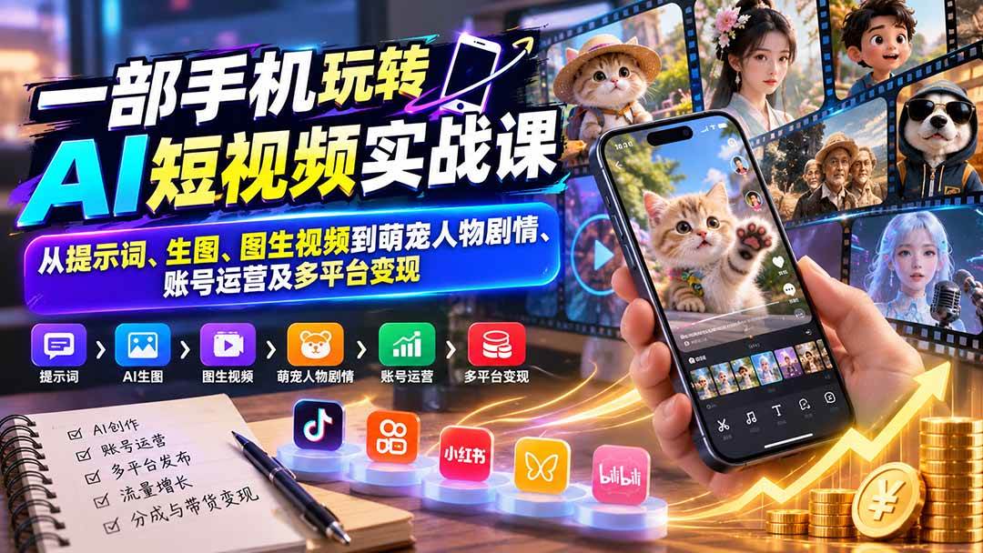 （20663期）一部手机玩转AI短视频实战课：从提示词、生图、图生视频到萌宠人物剧情、账号运营及多平台变现-小栈博客