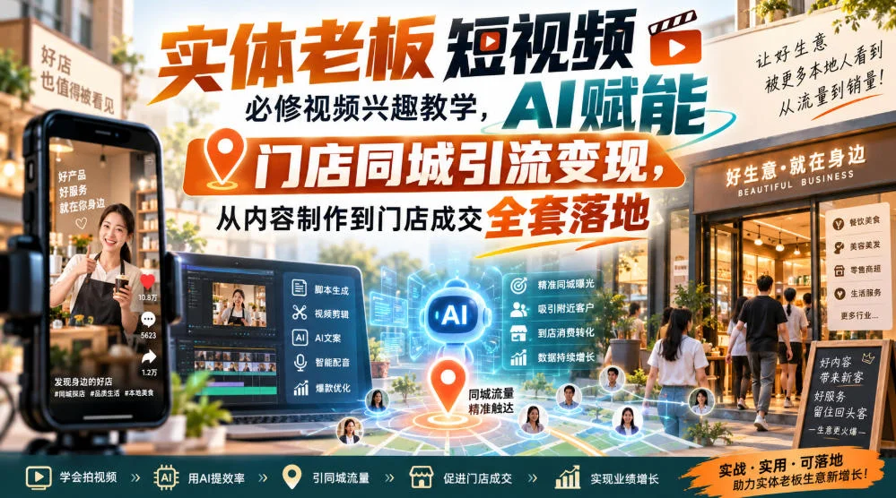 实体老板短视频必修视频兴趣教学,AI赋能门店同城引流变现,AI+短视频+直播打爆实体客流量 实体老板短视频必修视频兴趣教学,AI赋能门店同城引流变现,AI+短视频+直播打爆实体客流量