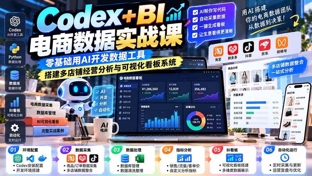 Codex+BI电商数据实战课：零基础用AI搭多店铺数据看板