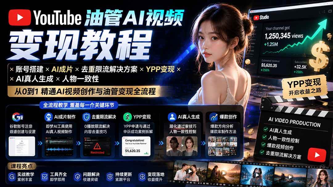 （20649期）YouTube油管AI视频变现教程-更新0926：账号搭建×AI成片×去重限流解决方案×YPP变现×AI真人生成×人物一致性-小栈博客