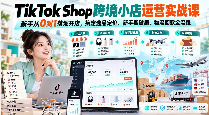 TikTok Shop跨境小店实战课：新手0到1开店选品定价物流回款全流程