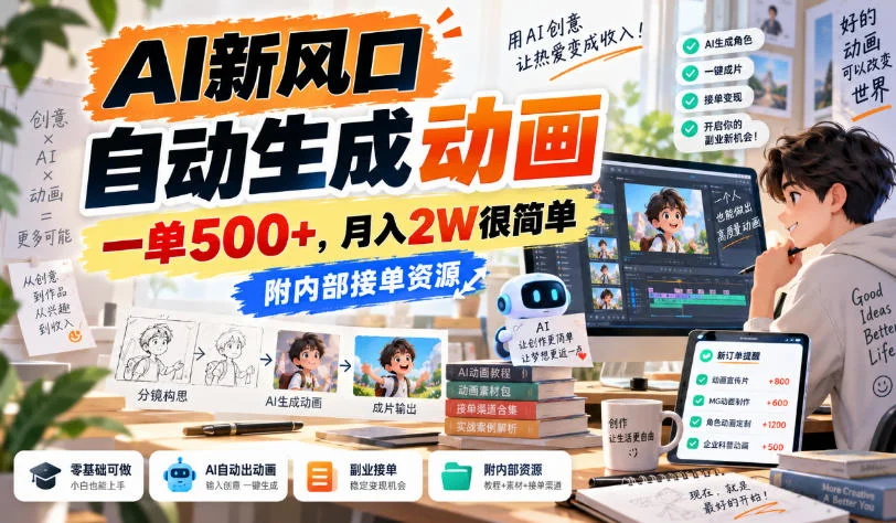 AI新风口，自动生成动画，一单500+，月入2W很简单，附内部接单资源【揭秘】-小栈博客