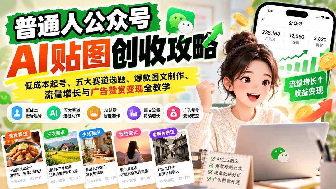 (20972期)普通人公众号AI贴图创收攻略:低成本起号、五大赛道选题、爆款图文制作、流量增长与广告赞赏变现全教学-小栈博客