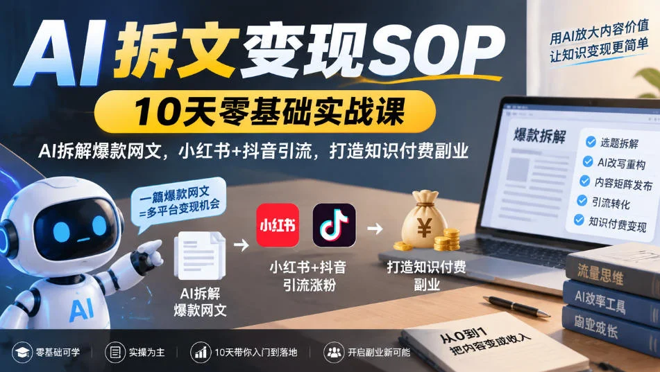 AI拆文变现SOP|10天零基础实战课,AI拆解爆款网文,小红书+抖音引流,打造知识付费副业 AI拆文变现SOP|10天零基础实战课,AI拆解爆款网文,小红书+抖音引流,打造知识付费副业