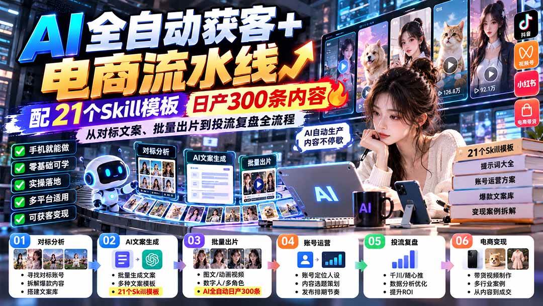 AI全自动获客+电商流水线：21个Skill模板日产300条内容
