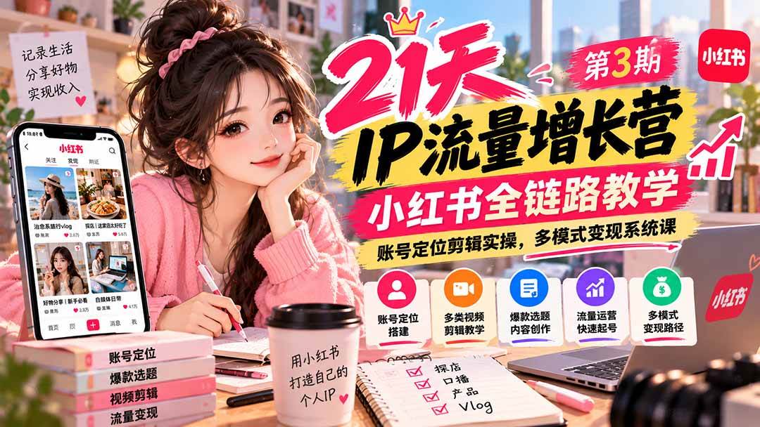 （20992期）【无水印】21天IP流量增长营-第3期，小红书全链路教学，账号定位剪辑实操，多模式变现系统课-小栈博客