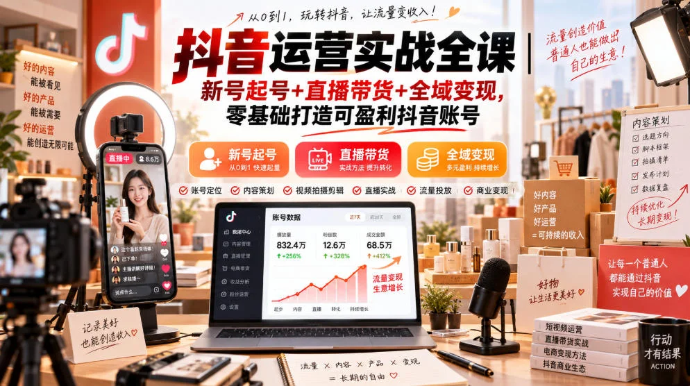 抖音运营实战全课|新号起号+直播带货+全域变现,零基础打造可盈利抖音账号 抖音运营实战全课|新号起号+直播带货+全域变现,零基础打造可盈利抖音账号