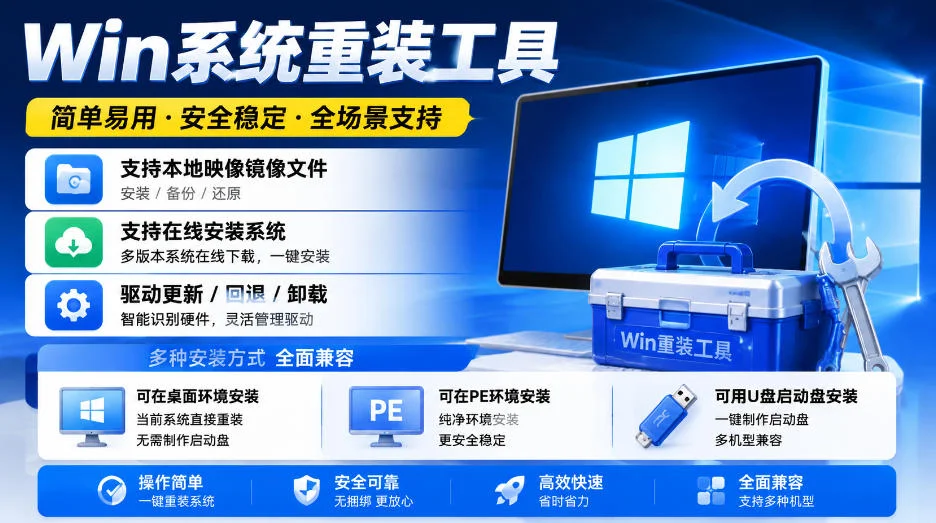 Win系统重装工具,支持本地映像镜像文件安装备份,简单易用-安全稳定-全场景支持 Win系统重装工具,支持本地映像镜像文件安装备份,简单易用-安全稳定-全场景支持