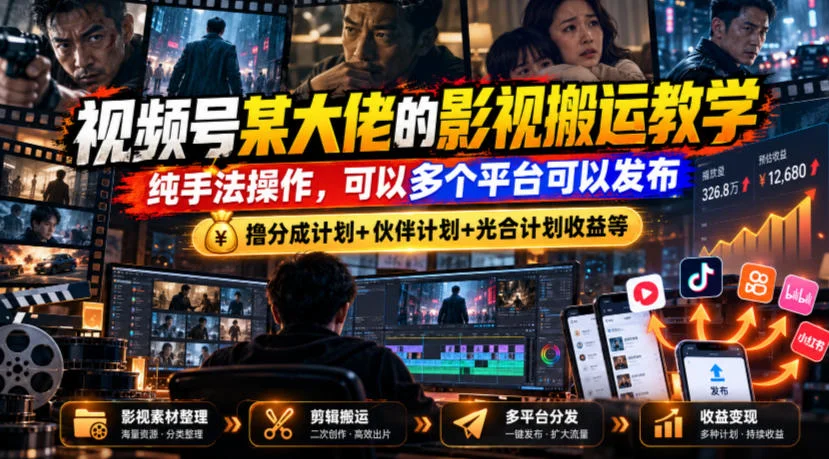 视频号某大佬的影视搬运教学,纯手法操作,可以多个平台可以发布,撸分成计划+伙伴计划+光合计划收益等-小栈博客