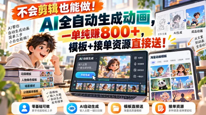 不会剪辑也能做!AI全自动生成动画,一单纯賺800+,模板+接单资源直接送!【揭秘】 不会剪辑也能做!AI全自动生成动画,一单纯賺800+,模板+接单资源直接送!【揭秘】