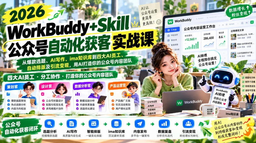 2026WorkBuddy+Skill公众号自动化获客实战课,从爆款选题、AI写作、ima知识库到四大AI员工、自动排版及引流变现,用AI打造你的公众号内容团队 2026WorkBuddy+Skill公众号自动化获客实战课,从爆款选题、AI写作、ima知识库到四大AI员工、自动排版及引流变现,用AI打造你的公众号内容团队