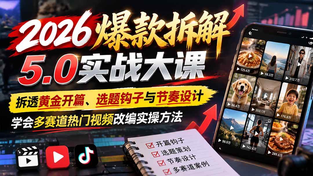 (21110期)2026爆款拆解5.0实战大课:拆透黄金开篇、选题钩子与节奏设计,学会多赛道热门视频改编实操方法-小栈博客