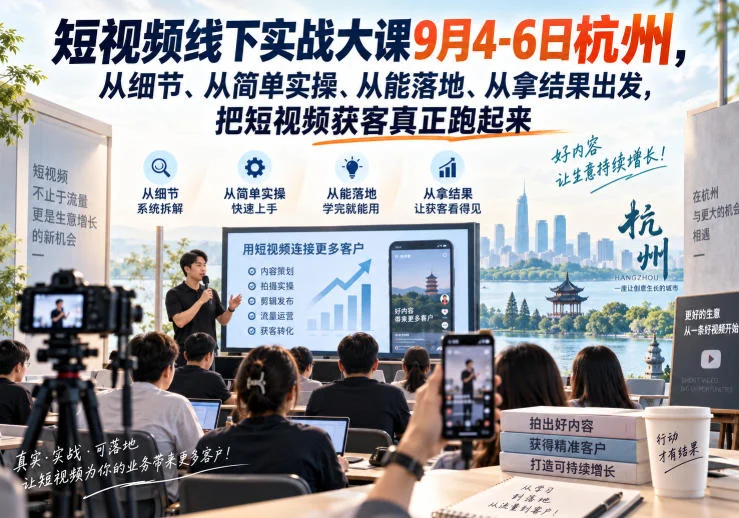 短视频线下实战大课9月4-6日杭州,从细节、从简单实操、从能落地、从拿结果出发,把短视频获客真正跑起来 短视频线下实战大课9月4-6日杭州,从细节、从简单实操、从能落地、从拿结果出发,把短视频获客真正跑起来
