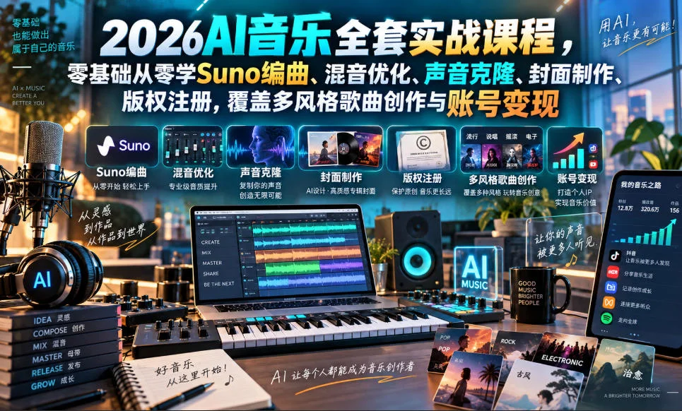 2026AI音乐实战课程，零基础从零学Suno编曲、混音优化、声音克隆、版权注册，覆盖多风格歌曲创作与账号变现-小栈博客