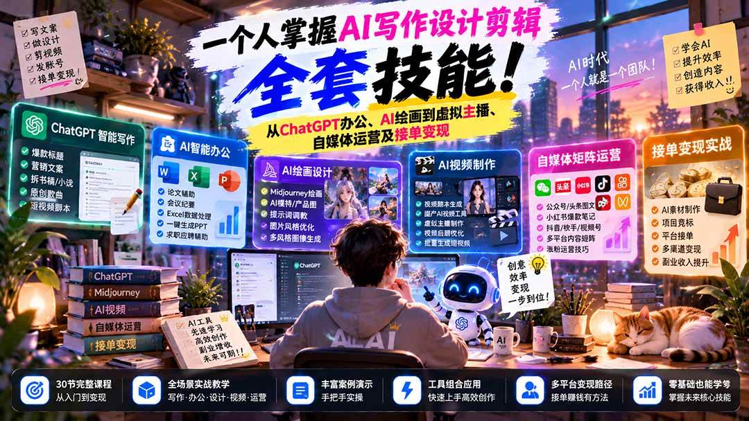 （21029期）一个人掌握AI写作设计剪辑全套技能：从ChatGPT办公、AI绘画到虚拟主播、自媒体运营及接单变现-小栈博客