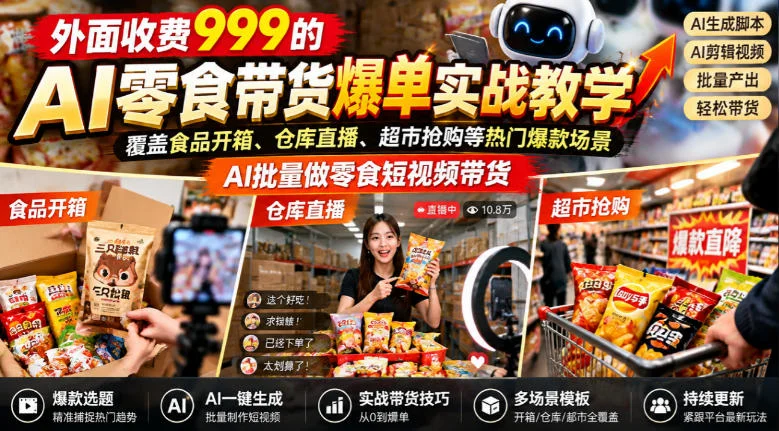 外面收费999的AI零食带货爆单实战教学,覆盖食品开箱、仓库直播、超市抢购等热门爆款场景,AI批量做零食短视频带货 外面收费999的AI零食带货爆单实战教学,覆盖食品开箱、仓库直播、超市抢购等热门爆款场景,AI批量做零食短视频带货