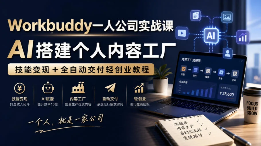 Workbuddy一人公司实战课，AI搭建个人内容工厂，技能变现+全自动交付轻创业教程-小栈博客