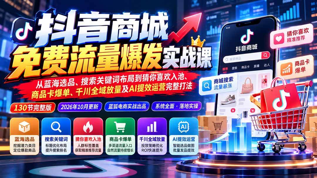 （20959期）抖音商城免费流量爆发实战：从蓝海选品、搜索关键词布局到猜你喜欢入池、商品卡爆单、千川全域放量及AI提效完整打法-小栈博客