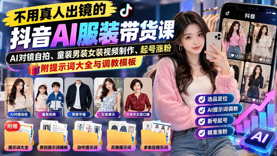(20960期)不用真人出镜的抖音AI服装带货课:AI对镜自拍、童装男装女装视频制作、起号涨粉,附提示词大全与调教模板-小栈博客