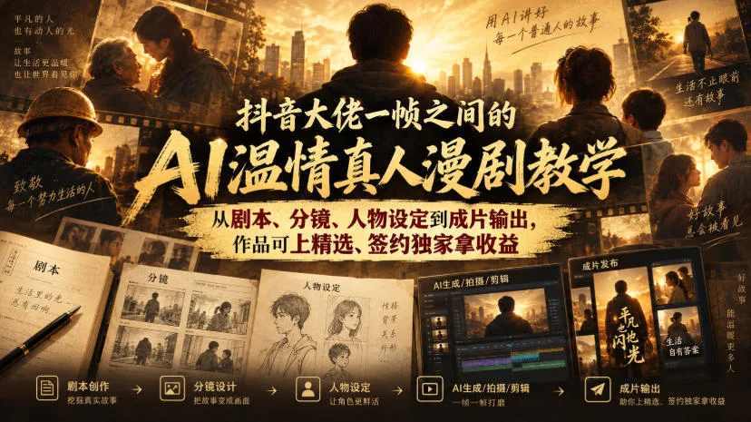 抖音大佬一帧之间的AI温情真人漫剧教学，从剧本、分镜、人物设定到成片输出，作品可上精选、签约独家拿收益-小栈博客