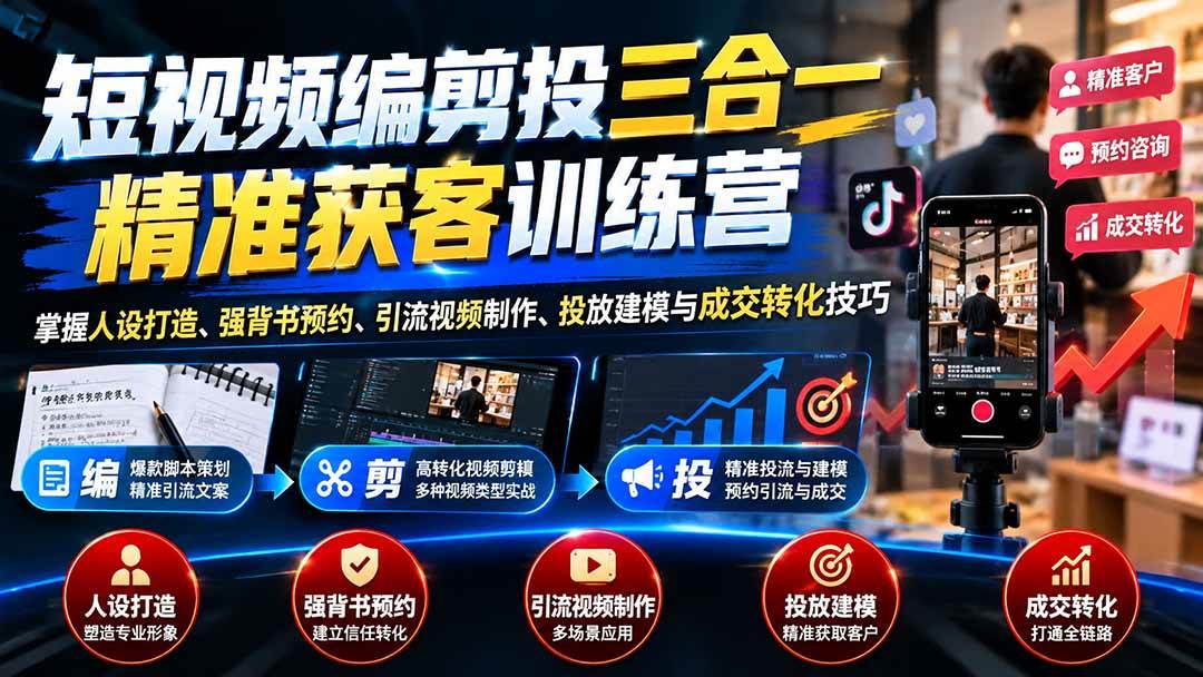 (20910期)短视频编剪投三合一精准获客训练营:掌握人设打造、强背书预约、引流视频制作、投放建模与成交转化技巧-小栈博客