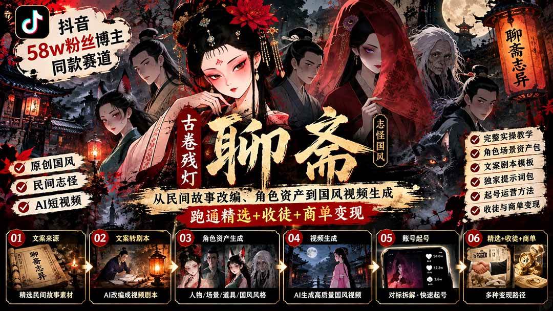 抖音58w粉丝同款聊斋赛道：AI国风短视频从民间故事到变现全流程