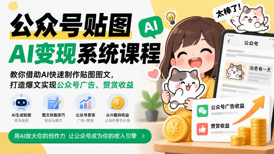 公众号贴图AI变现系统课程｜教你借助AI快速制作贴图图文，打造爆文实现公众号广告、赞赏收益-小栈博客