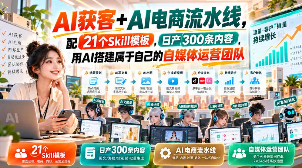 AI获客+AI电商流水线，配21个Skill模板，日产300条内容，用AI搭建属于自己的自媒体运营团队-小栈博客