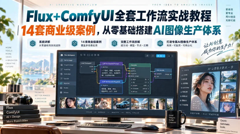 Flux+ComfyUI全套工作流实战教程|14套商业级案例,从零基础搭建AI图像生产体系 Flux+ComfyUI全套工作流实战教程|14套商业级案例,从零基础搭建AI图像生产体系