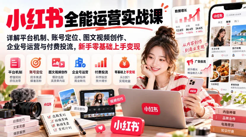 小红书全能运营实战课，详解平台机制、账号定位、图文视频创作、企业号运营与付费投流，新手零基础上手变现-小栈博客