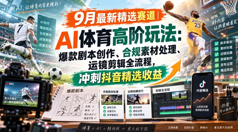 某大佬的9月最新精选赛道之AI体育顶级玩法，爆款剧本创作、版权规避、运镜剪辑全流程，稳拿抖音精选收益-小栈博客