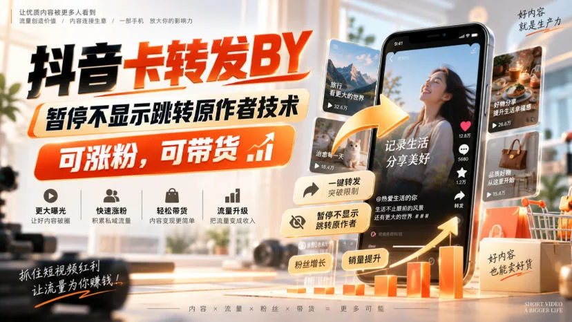 抖音卡转发搬运技术：暂停不跳转原作者，可涨粉可带货，附前置条件