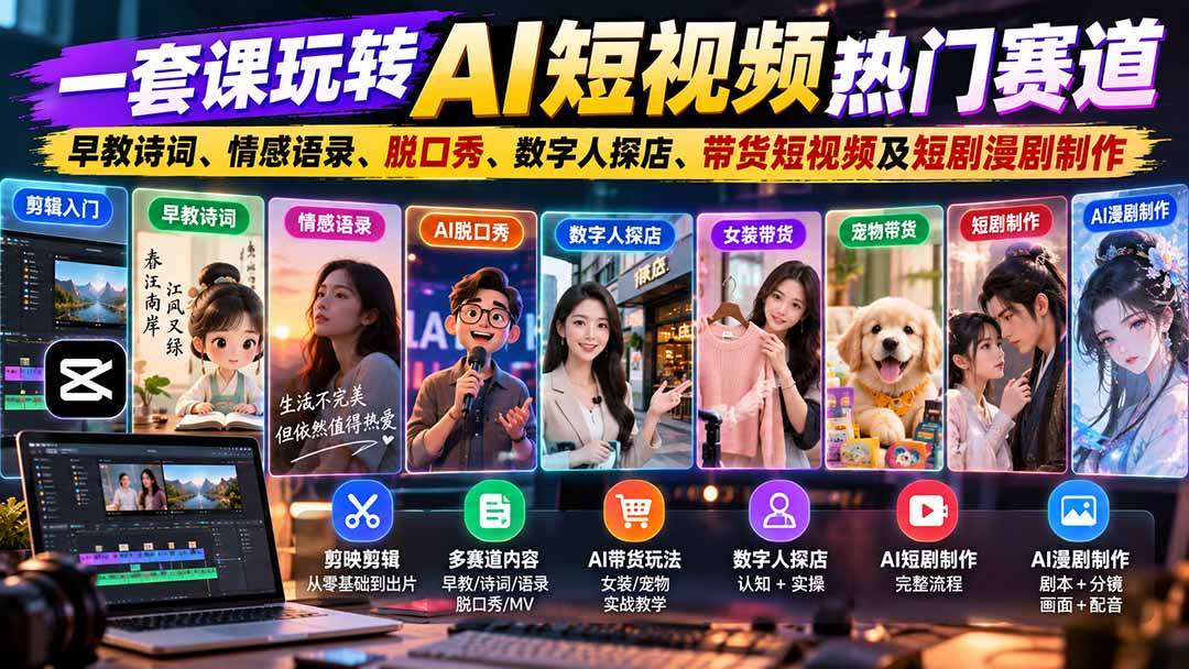 （20964期）一套课玩转AI短视频热门赛道：早教诗词、情感语录、脱口秀、数字人探店、带货短视频及短剧漫剧制作 复制标题-小栈博客