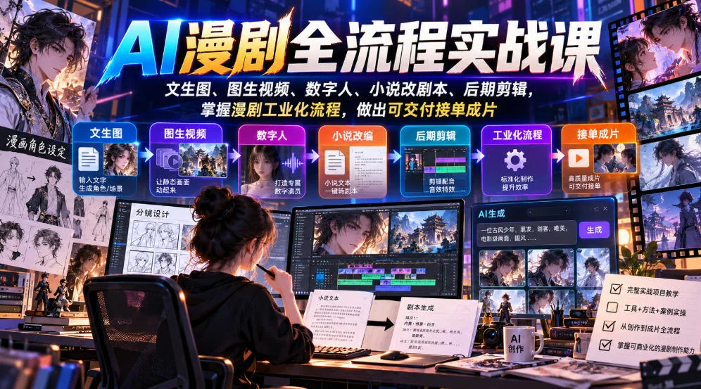 AI漫剧全流程实战课，文生图、图生视频、数字人、小说改剧本、后期剪辑，掌握漫剧工业化流程，做出可交付接单成片-小栈博客