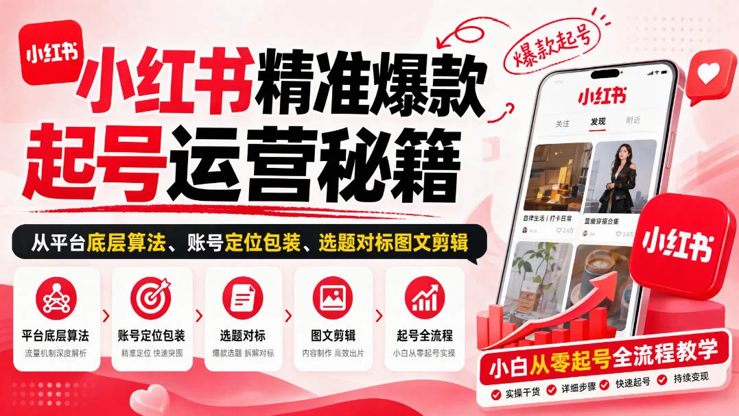 小红书精准爆款起号运营秘籍,从平台底层算法、账号定位包装、选题对标图文剪辑,小白从零起号全流程 小红书精准爆款起号运营秘籍,从平台底层算法、账号定位包装、选题对标图文剪辑,小白从零起号全流程