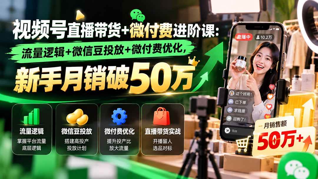 视频号直播带货进阶课：微信豆投放+微付费优化，新手月销破50万
