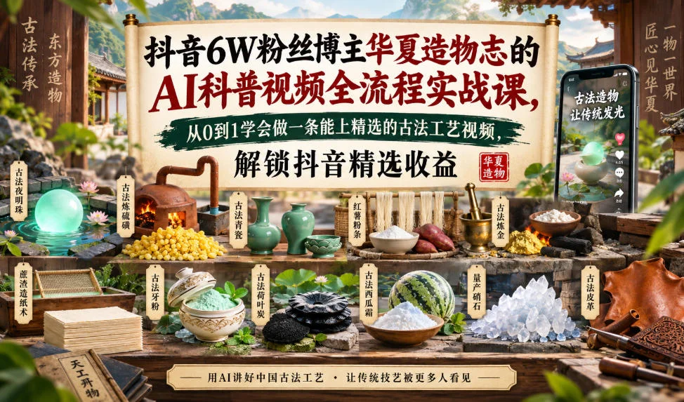 抖音6W粉丝博主华夏造物志的AI科普视频全流程实战课，从0到1学会做一条能上精选的古法工艺视频，解锁抖音精选收益-小栈博客