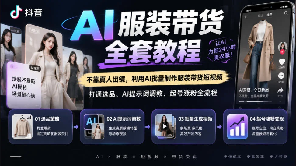 抖音AI服装带货全套教程，不靠真人出镜，利用AI批量制作服装带货短视频，打通选品、AI提示词调教、起号涨粉全流程-小栈博客