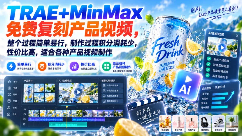 TRAE+MinMax免费复刻产品视频,整个过程简单易行,制作过程积分消耗少,性价比高,适合各种产品视频制作 TRAE+MinMax免费复刻产品视频,整个过程简单易行,制作过程积分消耗少,性价比高,适合各种产品视频制作