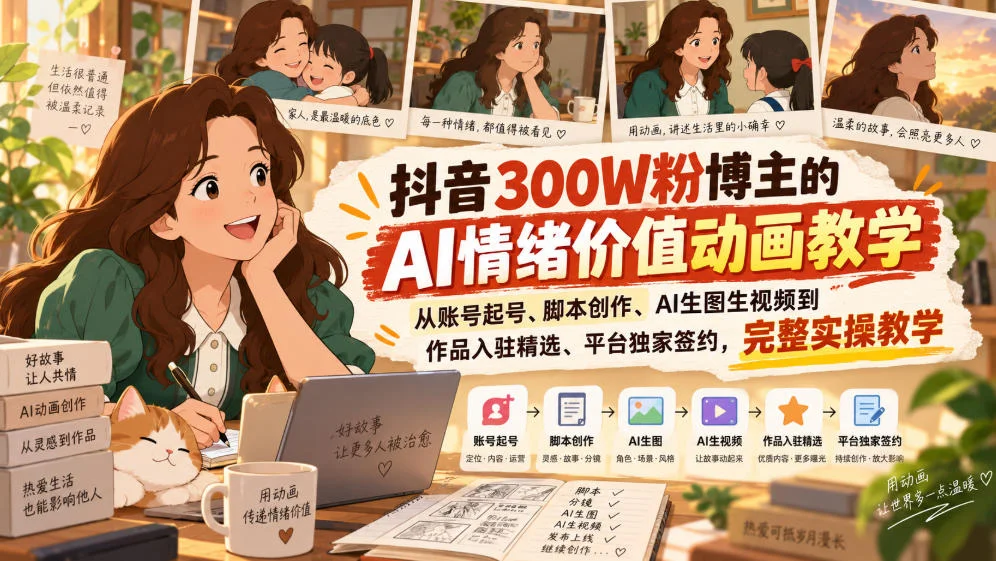 抖音300W粉博主的AI情绪价值动画教学,从账号起号、脚本创作、AI生图生视频到作品入驻精选、平台独家签约,完整实操 抖音300W粉博主的AI情绪价值动画教学,从账号起号、脚本创作、AI生图生视频到作品入驻精选、平台独家签约,完整实操