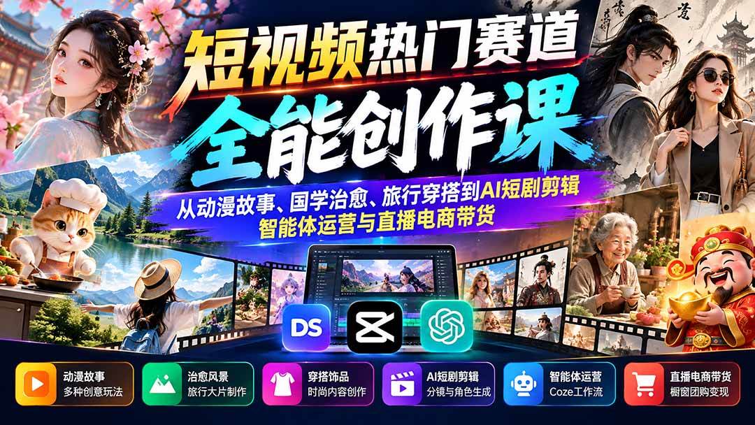 （20956期）短视频热门赛道全能创作课：从动漫故事、国学治愈、旅行穿搭到AI短剧剪辑、智能体运营与直播电商带货-小栈博客