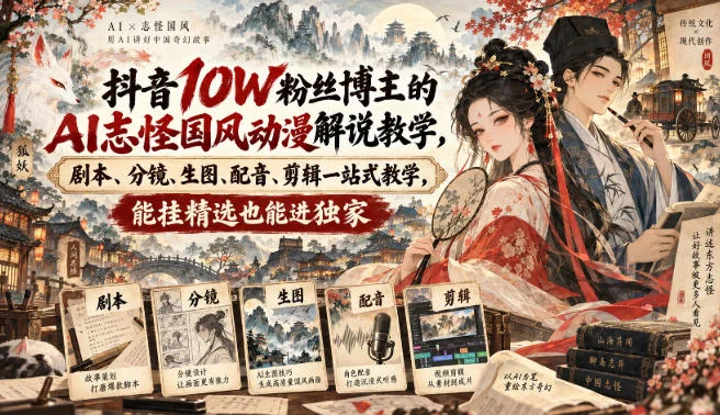 抖音10W粉丝博主的AI志怪国风动漫解说教学，剧本、分镜、生图、配音、剪辑一站式教学，能挂精选也能进独家-小栈博客