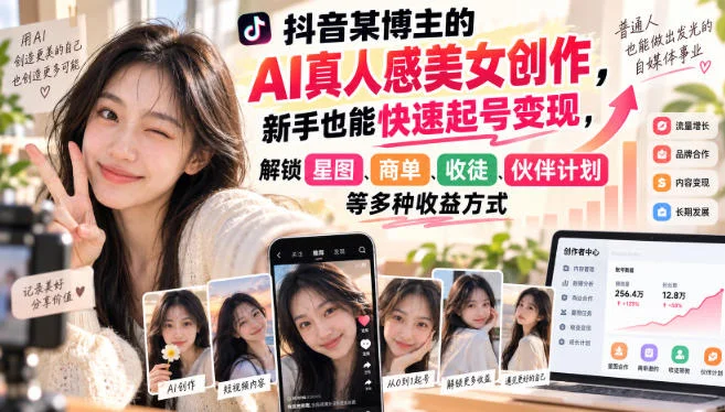 抖音某博主的AI真人感美女创作，新手也能快速起号变现，解锁星图，商单，收徒，伙伴计划等多种收益方式-小栈博客