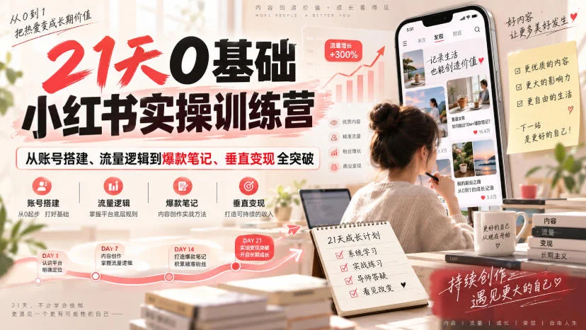 21天0基础小红书实操训练营｜从账号搭建、流量逻辑到爆款笔记、垂直变现全突破-小栈博客