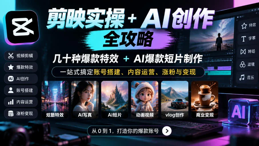 剪映实操+AI创作全攻略｜几十种爆款特效+AI爆款短片制作，一站式搞定账号搭建、内容运营、涨粉与变现-小栈博客